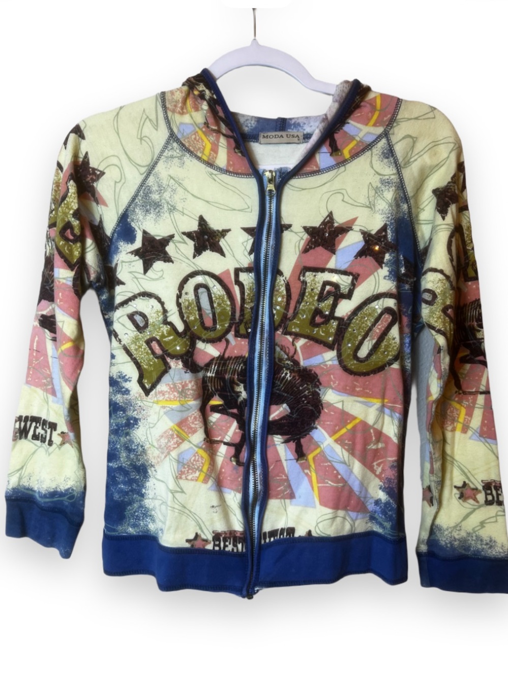 Vintage Y2K Moda USA Bedazzled Western Rodeo Full Zip Hoodie Size M